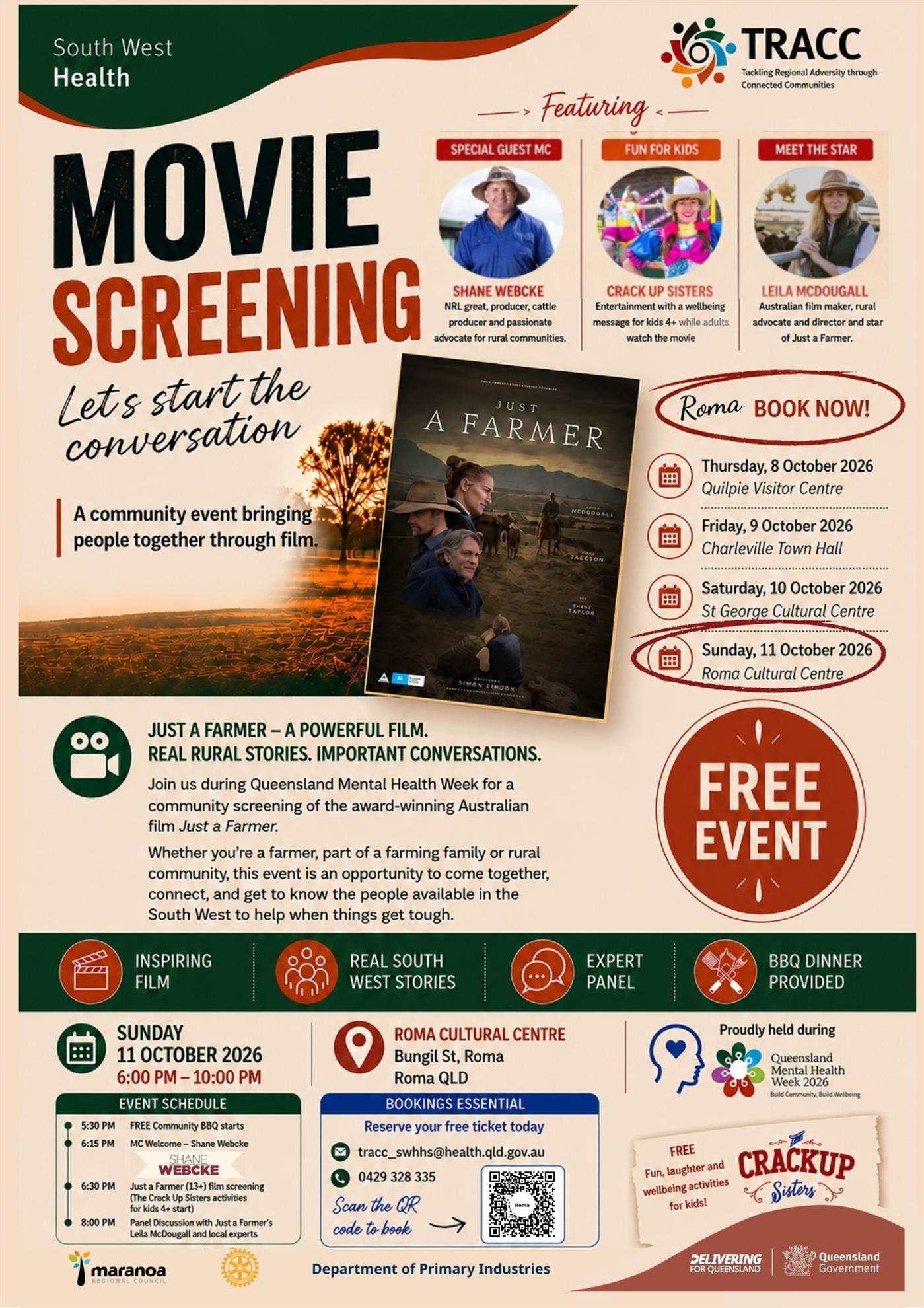 Just a Farmer movie screening — Sunday 11 October 2026, Roma Cultural Centre