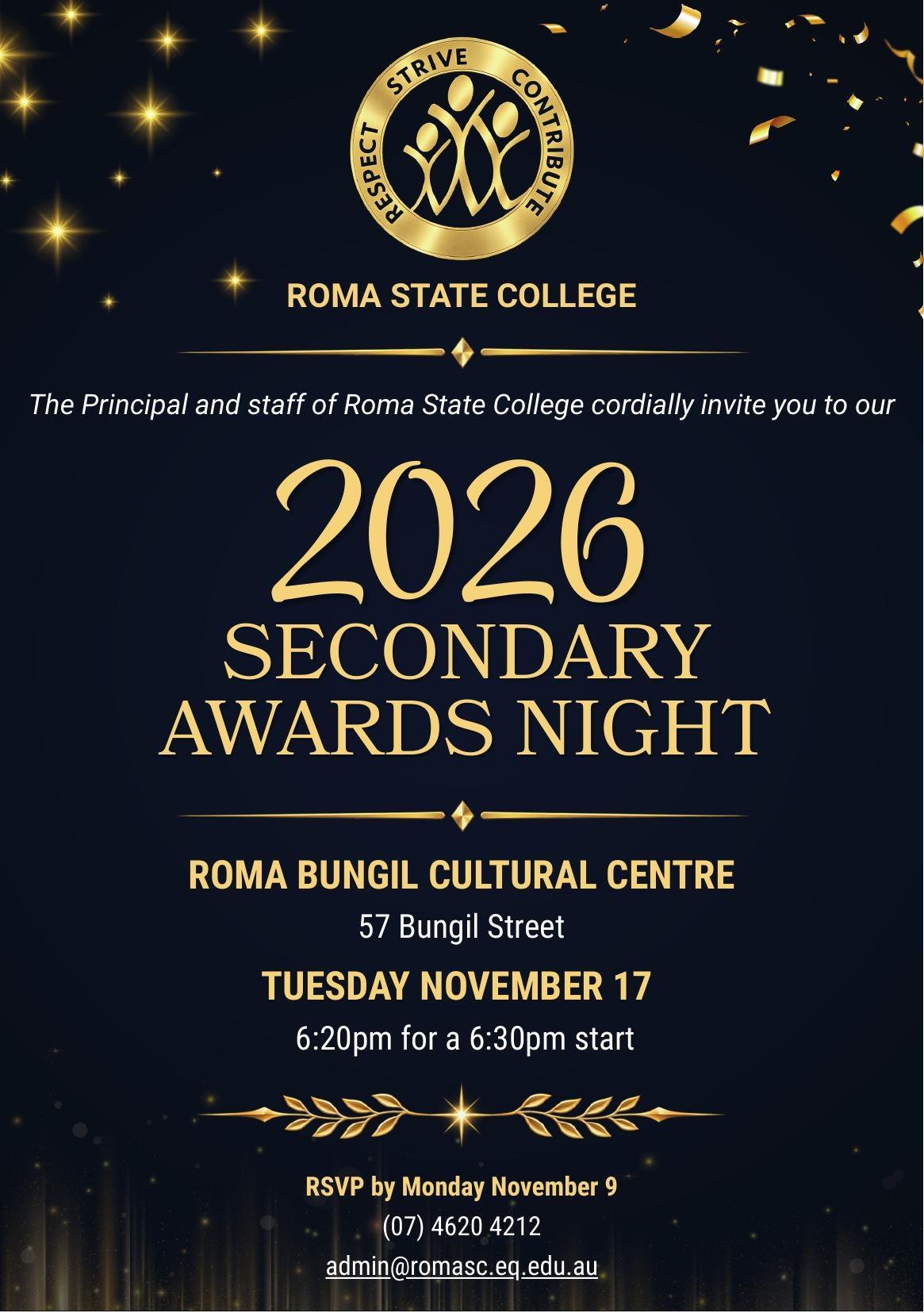 Roma State College 2026 Secondary Awards Night — Tuesday 17 November, Roma Bungil Cultural Centre