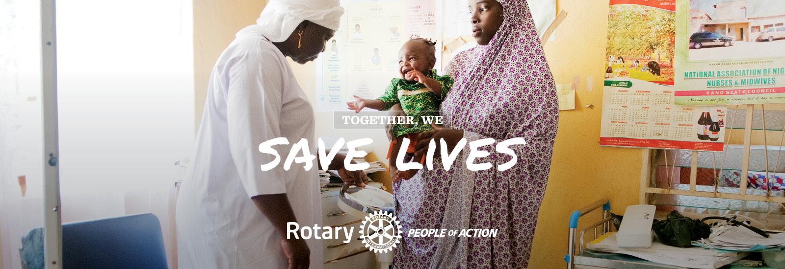 Healthcare worker supports a mother and child in a clinic. “Together, We Save Lives.”