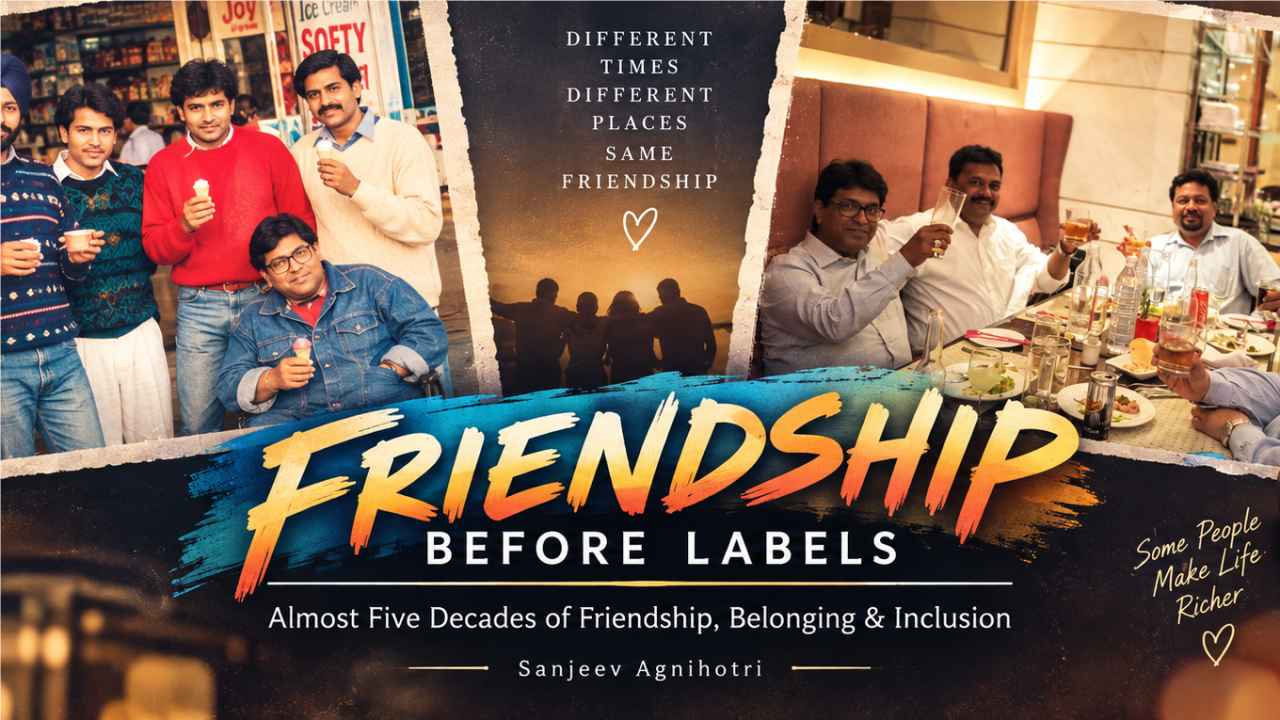 Graphic poster titled "FRIENDSHIP BEFORE LABELS" by Sanjeev Agnihotri, featuring a side-by-side comparison of a group of friends over time. On the left, a vintage photo shows five young men smiling while eating ice cream outside an ice cream shop. On the right, a present-day photo shows the same group of older men sitting around a restaurant dinner table raising their glasses. In the center, a silhouette of friends against a sunset is paired with the text: "DIFFERENT TIMES, DIFFERENT PLACES, SAME FRIENDSHIP." Below the title, text reads: "Almost Five Decades of Friendship, Belonging & Inclusion" and "Some People Make Life Richer."