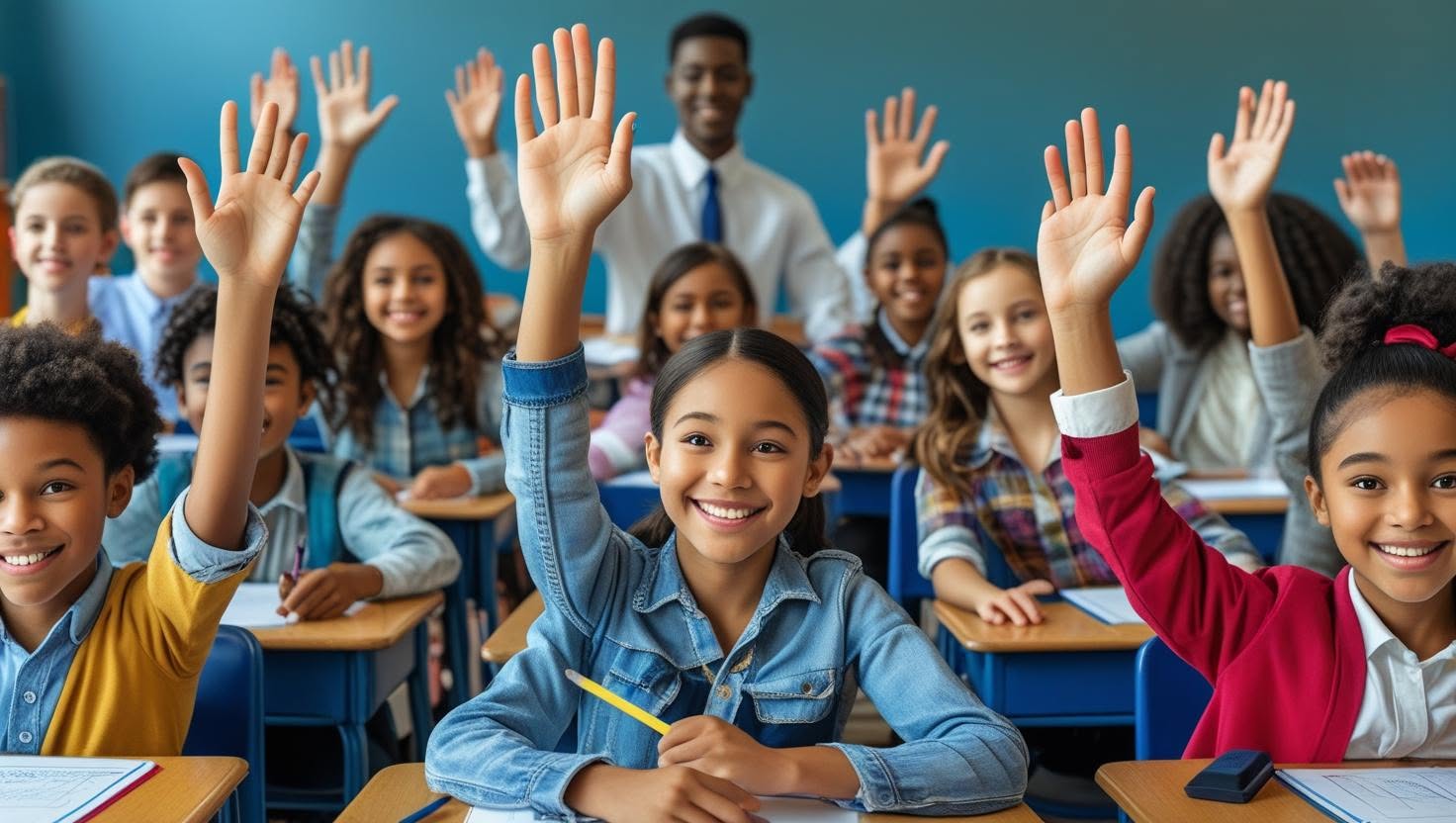 A diverse group of elementary school students smiling and raising their hands in a classroom, with their teacher standing behind them.