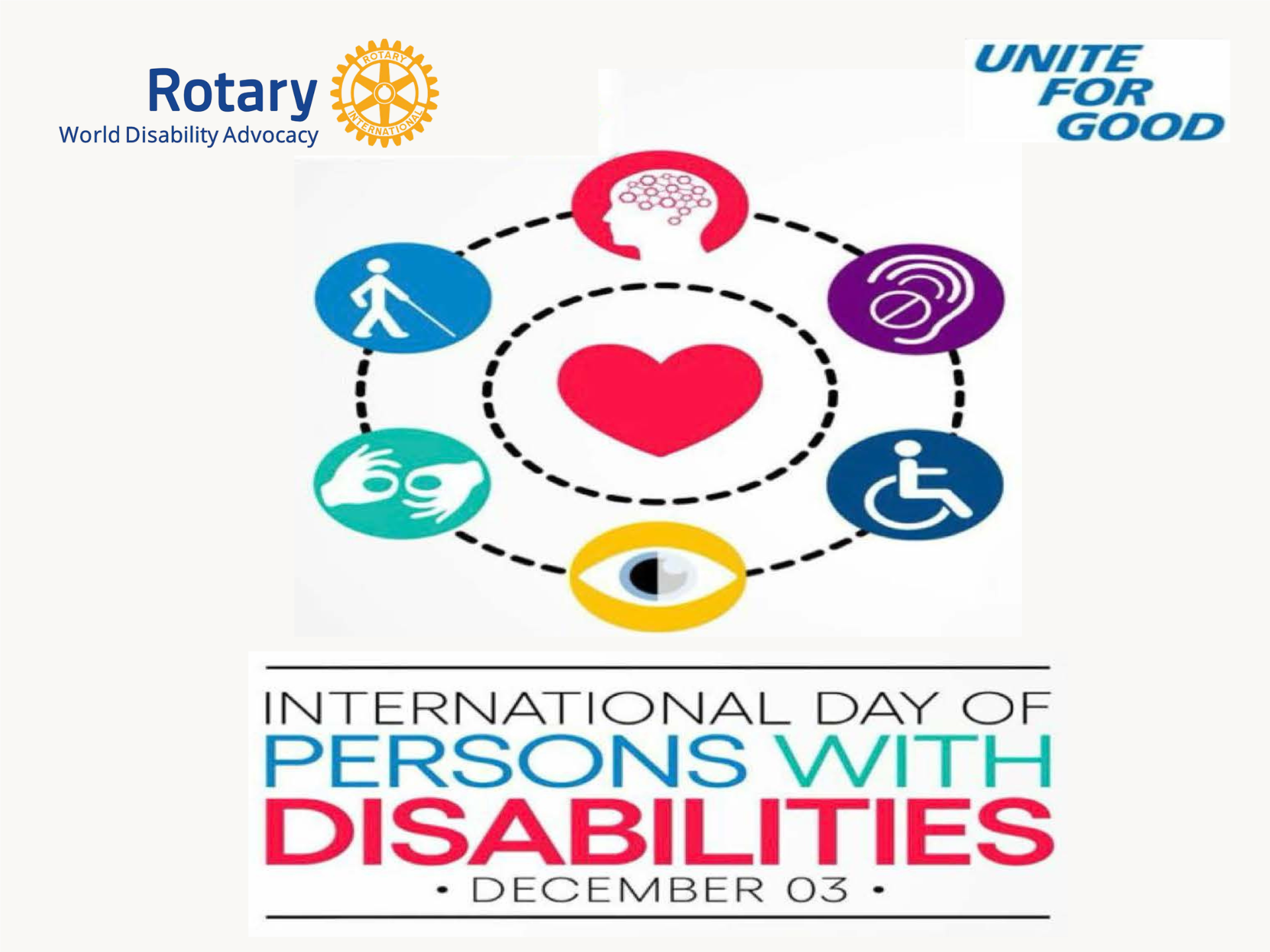 Colorful circular graphic with interconnected disability icons surrounding a red heart, symbolizing solidarity and inclusion.