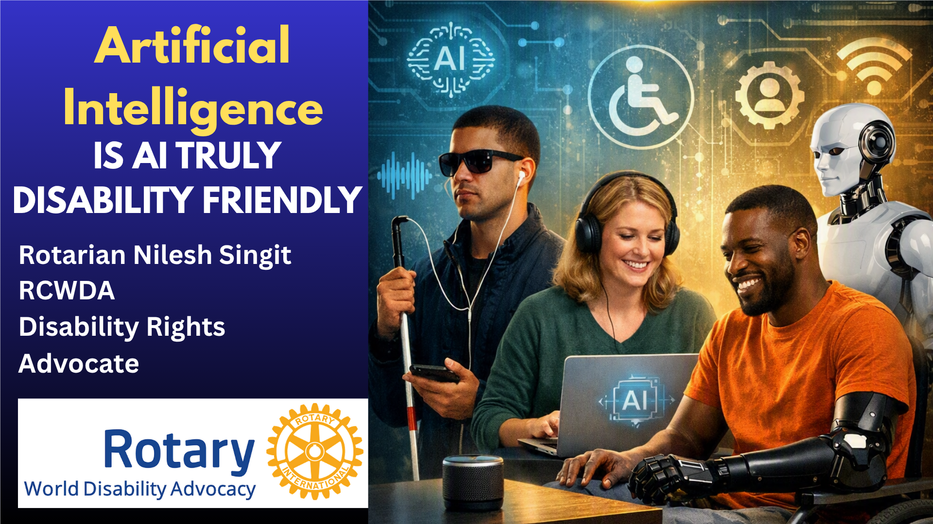Graphic about artificial intelligence and disability featuring people with disabilities, a robot, and accessibility and AI symbols