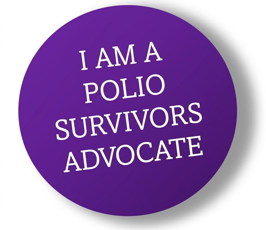 Purple circular badge reading “I am a polio survivors advocate.”