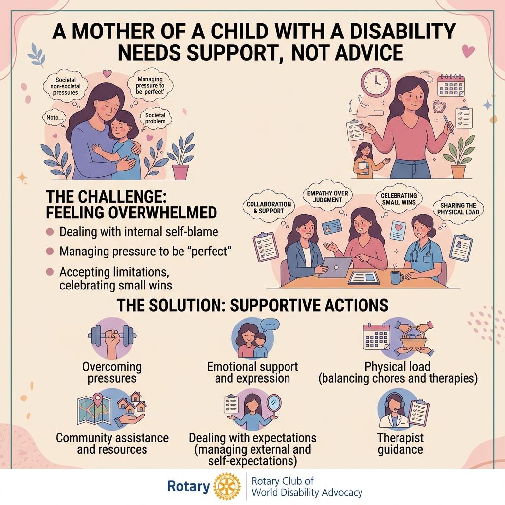 Infographic titled A Mother of a Child with a Disability Needs Support, Not Advice, highlighting emotional pressure, collaboration, community assistance, emotional support, shared responsibilities, and therapist guidance