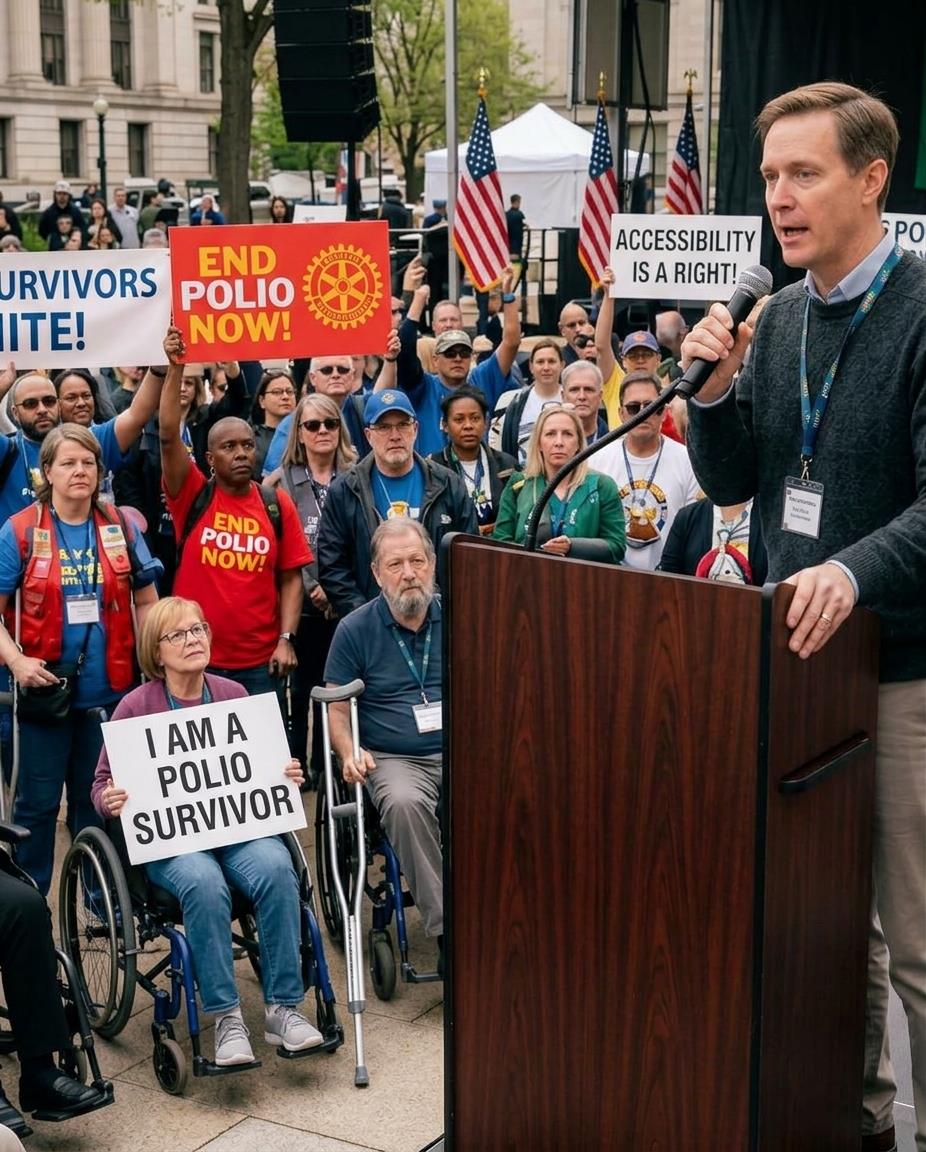 A medium shot of a male advocate speaking into a microphone at a podium during an outdoor rally for polio awareness and eradication. He stands on the left side of the frame, addressing a crowd of attendees. In the crowd on the right, several polio survivors are visible, including a woman in a wheelchair holding a sign that reads "I AM A POLIO SURVIVOR" (rendered in mirror image) and a seated man resting his hands on a crutch. Other audience members hold signs supporting polio eradication, with American flags and an outdoor stage area blurred in the background.