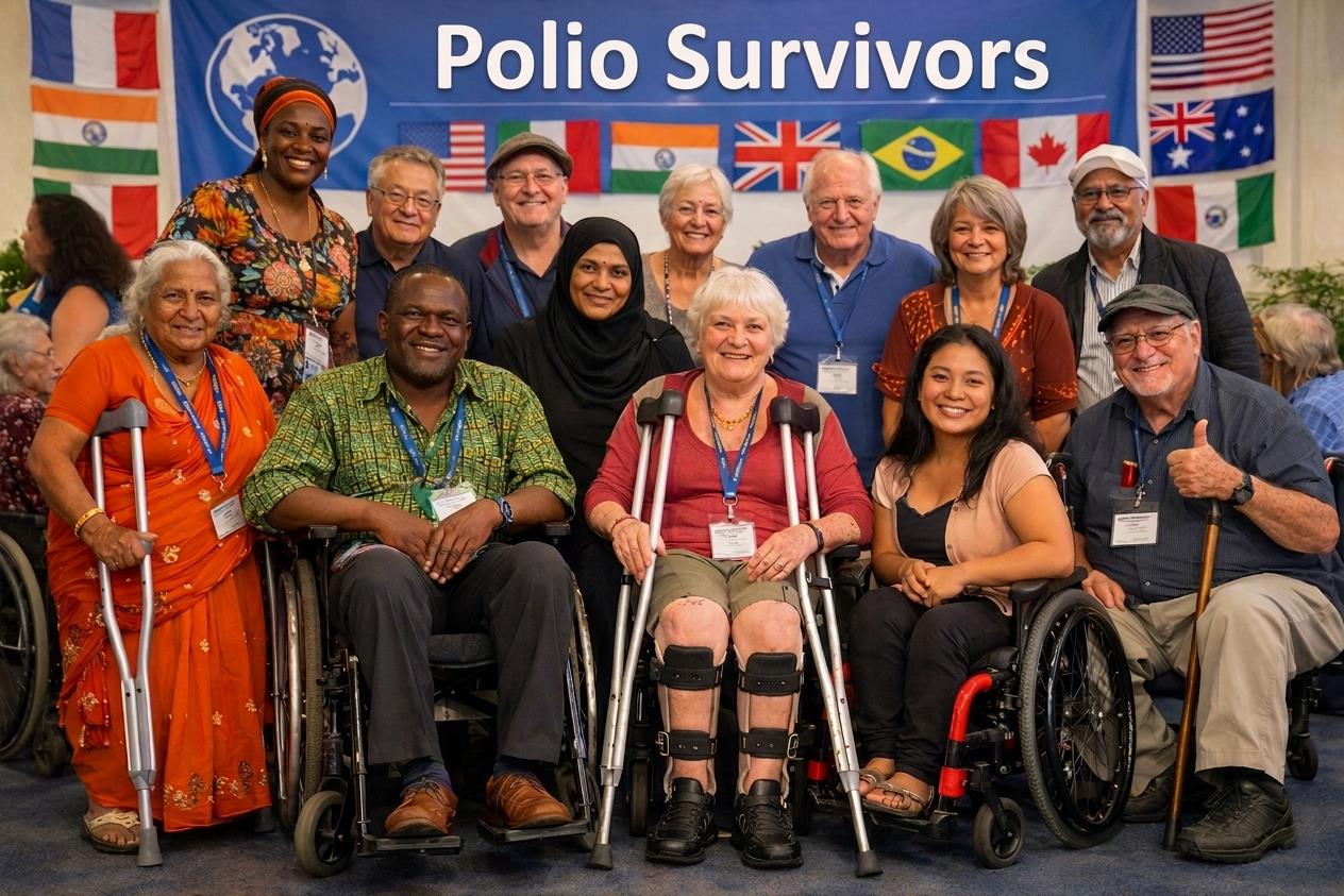 A diverse group of polio survivors, some using wheelchairs, crutches, and a cane, posing together in front of a “Polio Survivors” banner surrounded by international flags.