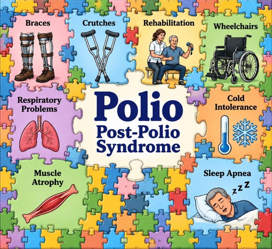 An infographic titled "Polio Post-Polio Syndrome" surrounded by colorful puzzle pieces, illustrating symptoms and mobility aids including braces, crutches, rehabilitation, wheelchairs, respiratory problems, cold intolerance, muscle atrophy, and sleep apnea.