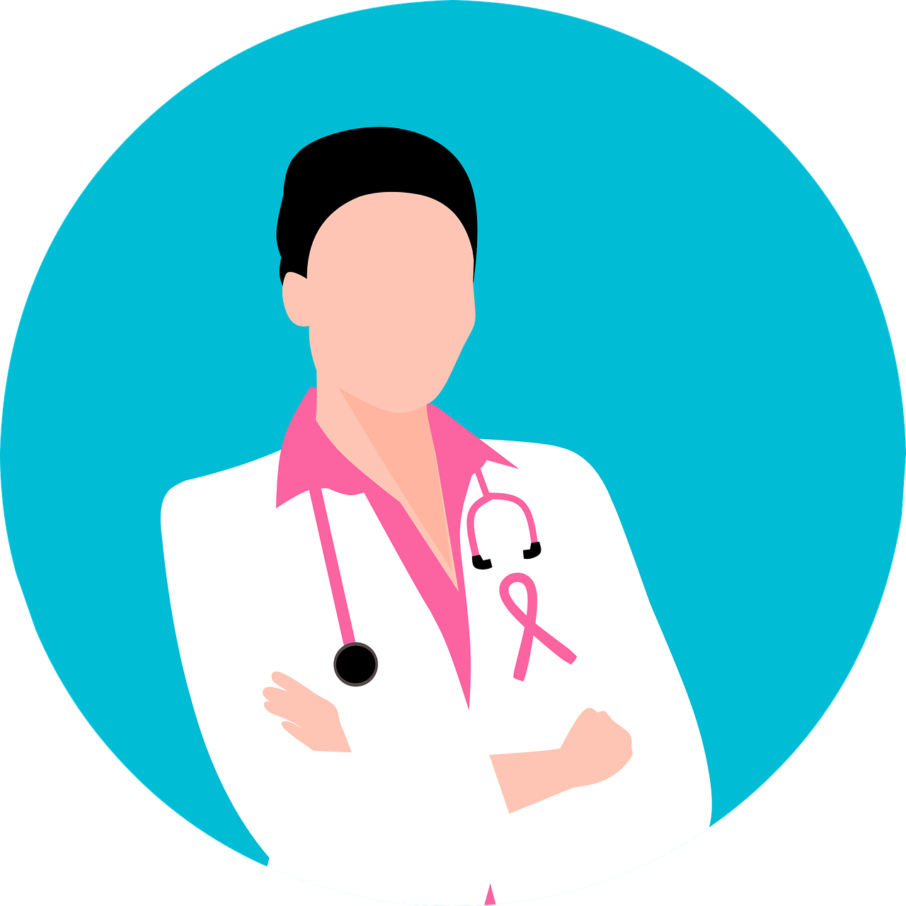 Illustration of a healthcare professional wearing a white coat, pink shirt, and stethoscope, standing with arms crossed. A pink ribbon is attached to the coat, symbolizing women's health awareness.