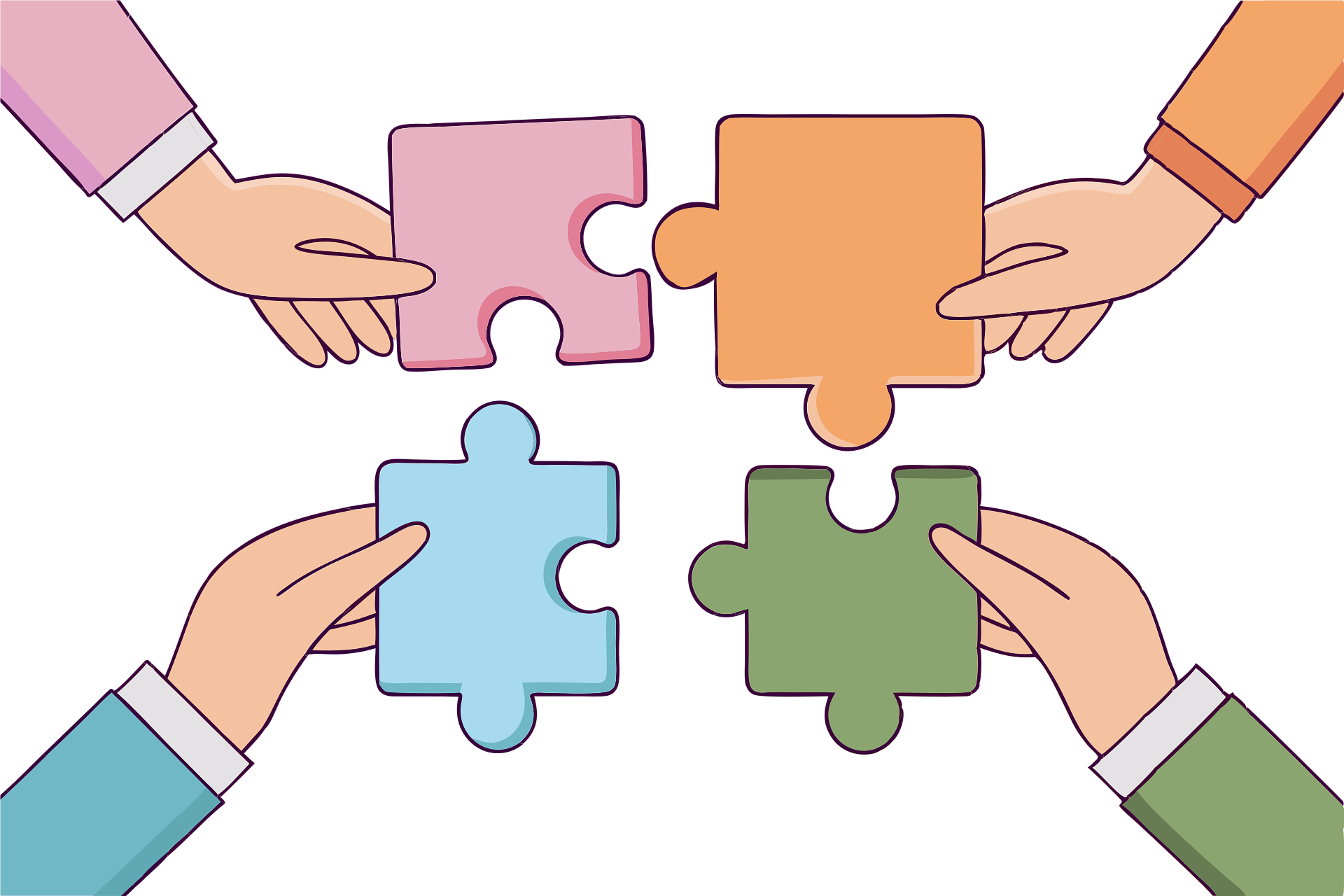 Four hands hold colorful puzzle pieces forming a complete shape symbolizing collaboration.