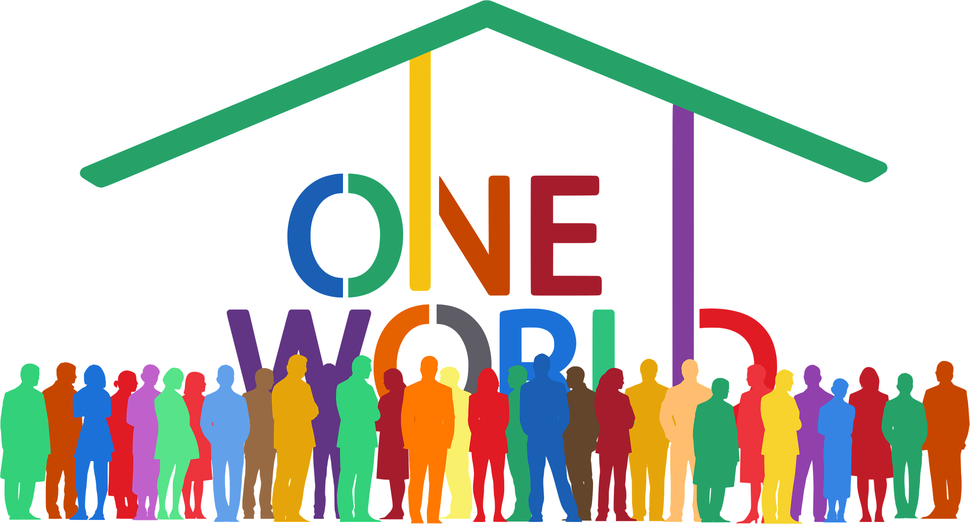 Colorful silhouettes stand together under a green roof with the words “One World” in multicolored text.
