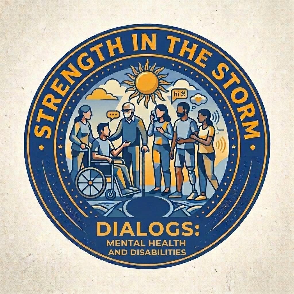 Strength in the Storm series artwork featuring a diverse group of people with disabilities and the words Mental Health and Disabilities