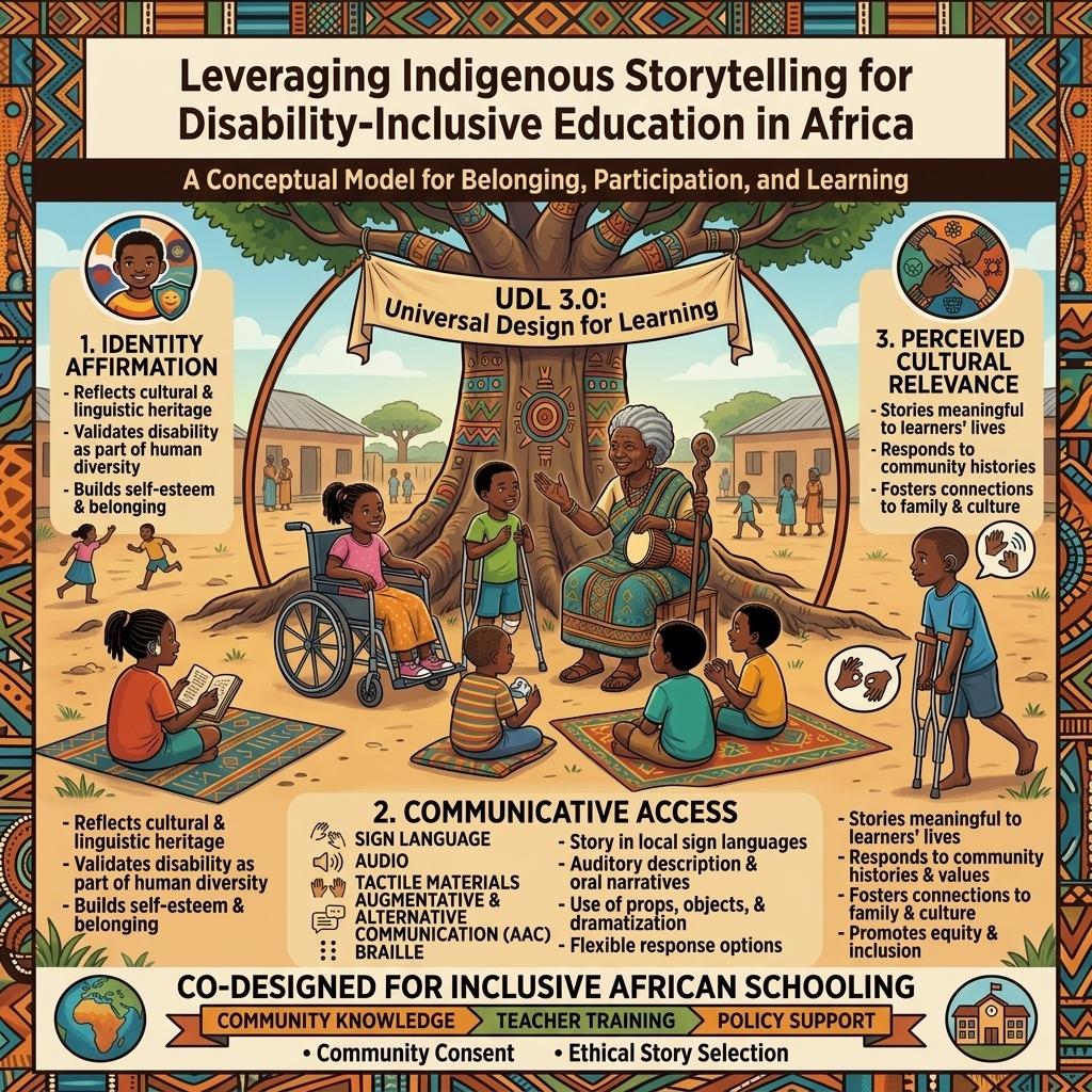 Leveraging Indigenous Storytelling for Disability-Inclusive Education in Africa: A Conceptual Model for Belonging, Participation, and Learning".   The illustration depicts an elder woman telling a story to a diverse group of children seated outdoors under a large, decorated baobab tree, beneath a banner reading "UDL 3.0: Universal Design for Learning". The children include a girl in a wheelchair, a boy using crutches, and others sitting and engaging on woven mats.   The poster is divided into three main conceptual pillars:Identity Affirmation: Highlights cultural heritage, disability as human diversity, and building self-esteem and belonging.   Communicative Access: Features accessibility icons and methods including Sign Language, Audio, Tactile Materials, AAC, Braille, local sign languages, auditory descriptions, and flexible response options.   Perceived Cultural Relevance: Focuses on stories meaningful to learners' lives, community histories, and family connections.   The bottom banner outlines foundations for inclusive African schooling, emphasizing Community Knowledge, Teacher Training, Policy Support, Community Consent, and Ethical Story Selection.   