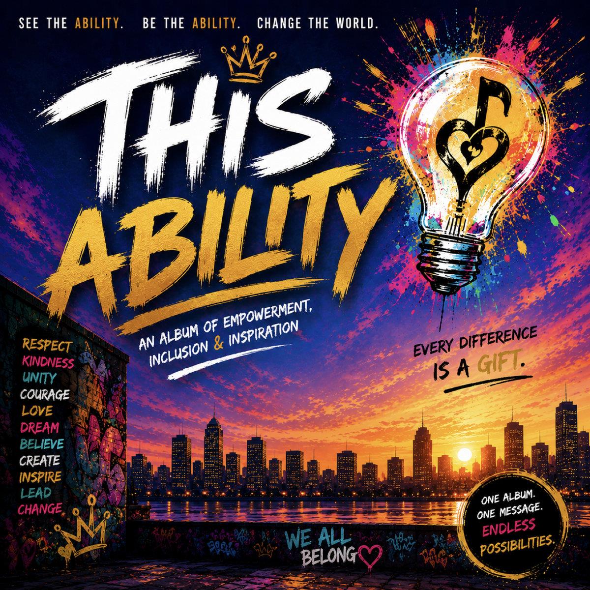 Cover of the album This Ability, featuring colorful artwork, a raised fist, a musical note, and the words This Ability