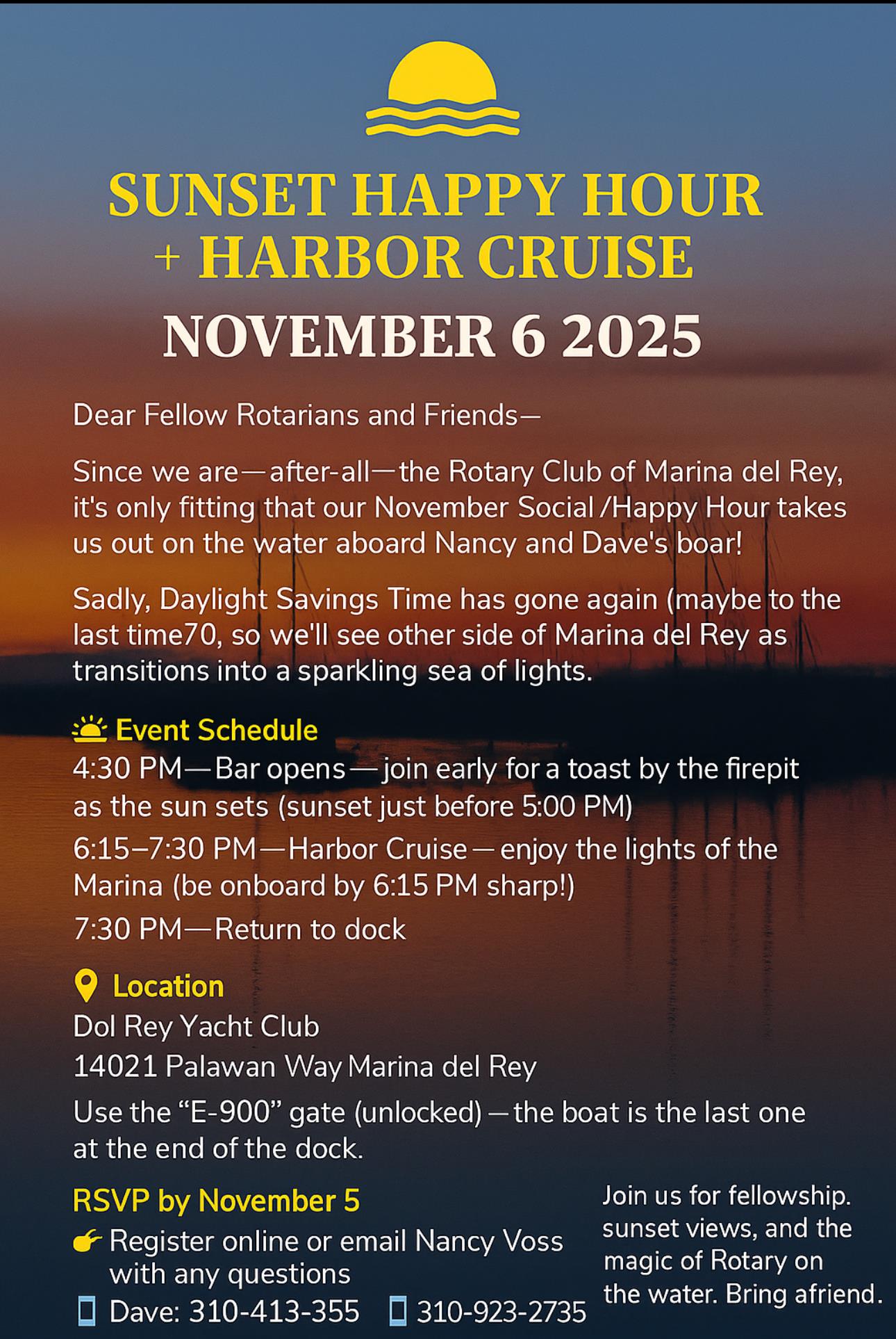 Marina del Rey Rotary: November Sunset Happy Hour + Harbor Cruise 🌅⚓