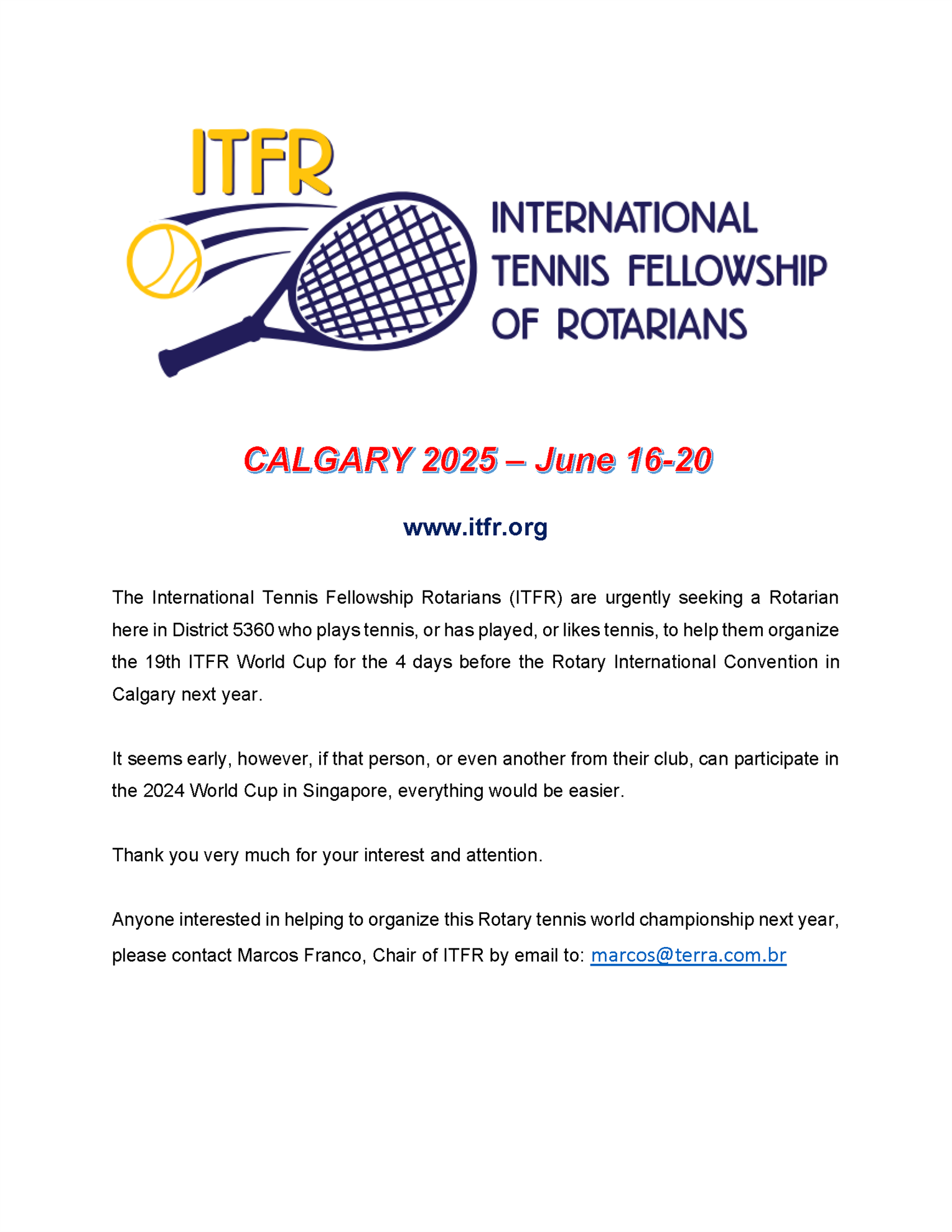 Tennis Fellowship Calgary 2025 Get involved in Planning! Rotary 5360