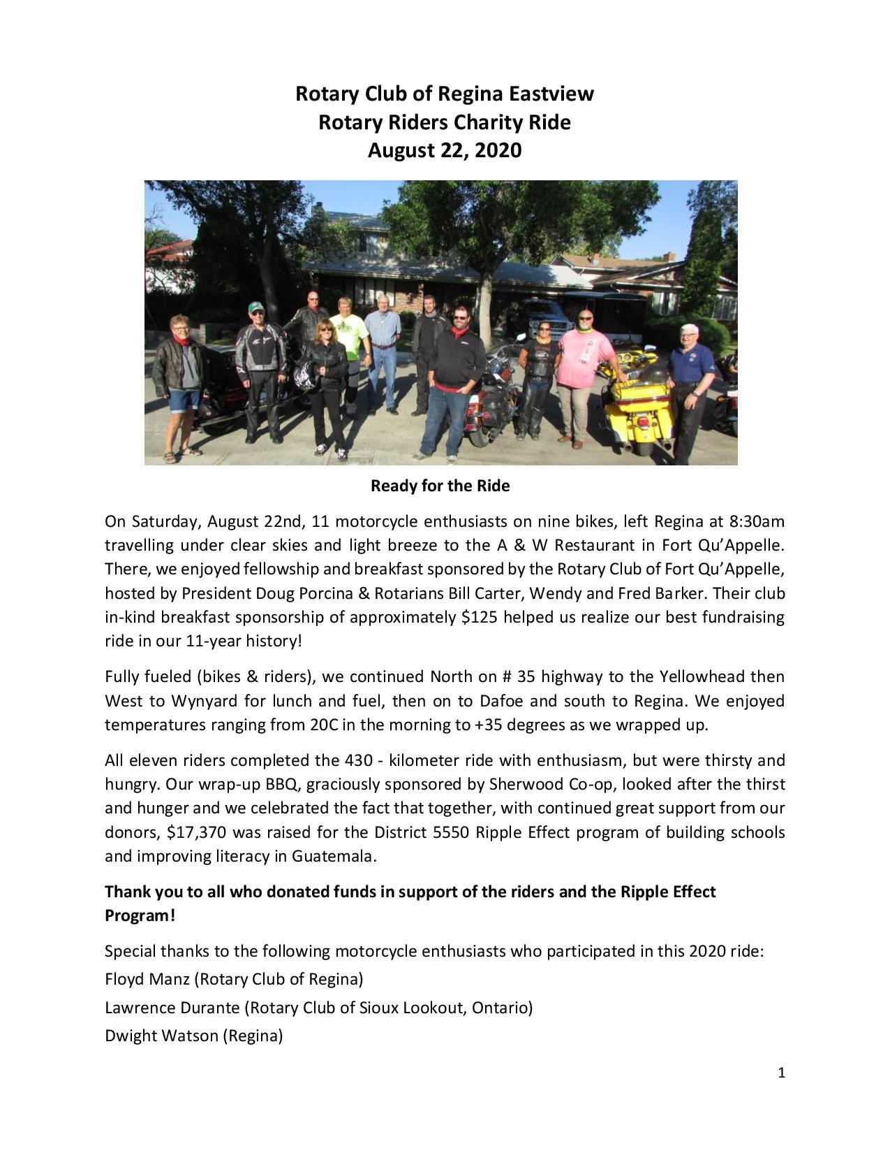 Rotary Club of Regina EastviewRotary Riders Charity RideAugust 22, 2020 ...