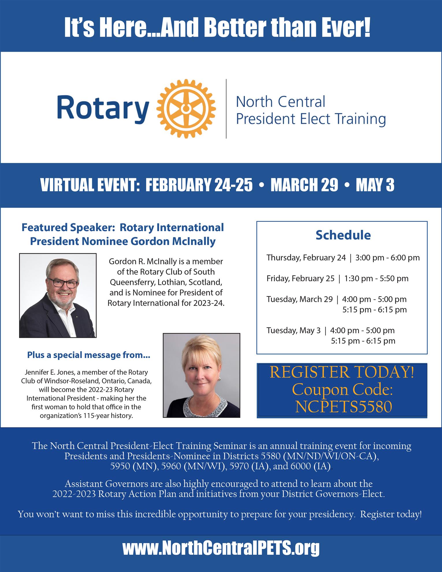 President Elect Training Seminar (NCPETS ) - REGISTRATION DEADLINE FEBRUARY  18 | Rotary District 5580