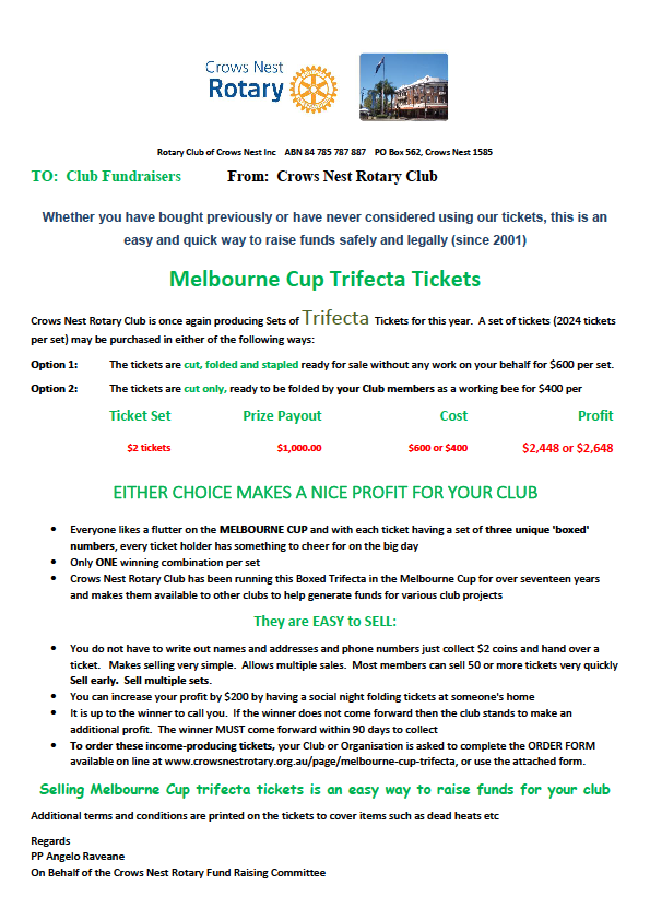 MELBOURNE CUP TRIFECTA TICKETS 2020 Rotary District 9685
