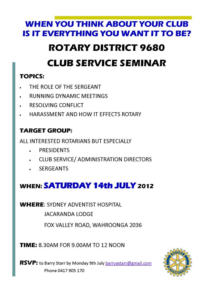 Club Service Seminar 14 July | Rotary District 9685