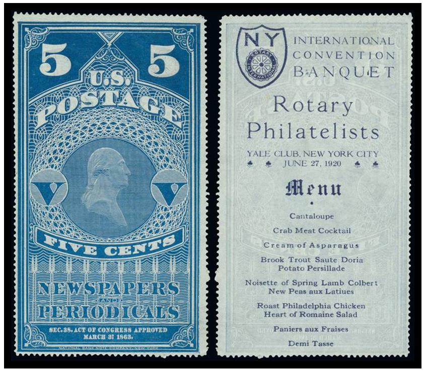 1920 Rotary Philatelists dinner menu from the Yale Club in New York City