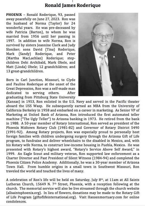 Past District Governor Ron Roderique Passes Away 