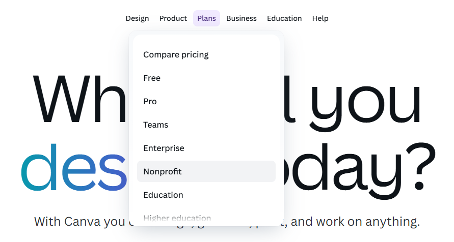 Canva homepage showing Plans menu with Nonprofit highlighted