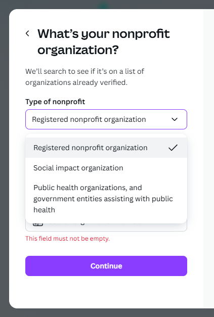 Canva application modal with nonprofit type dropdown selected