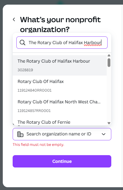 Search field showing Rotary club results with IDs