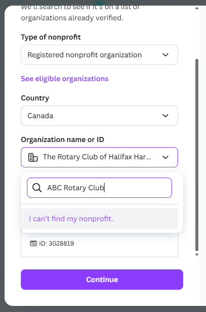 Option to proceed when the organization is not listed