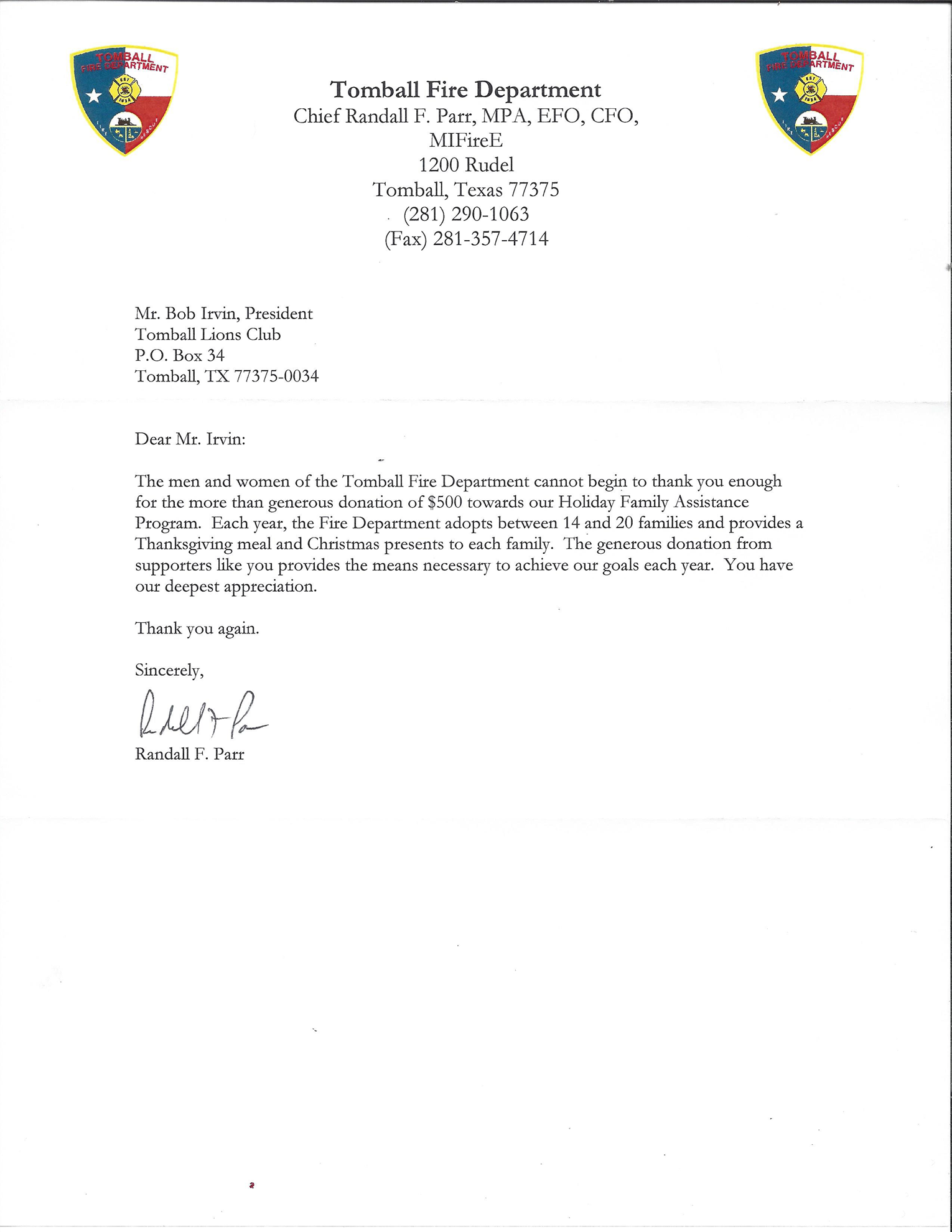 Appreciation Letters Tomball Lions Club