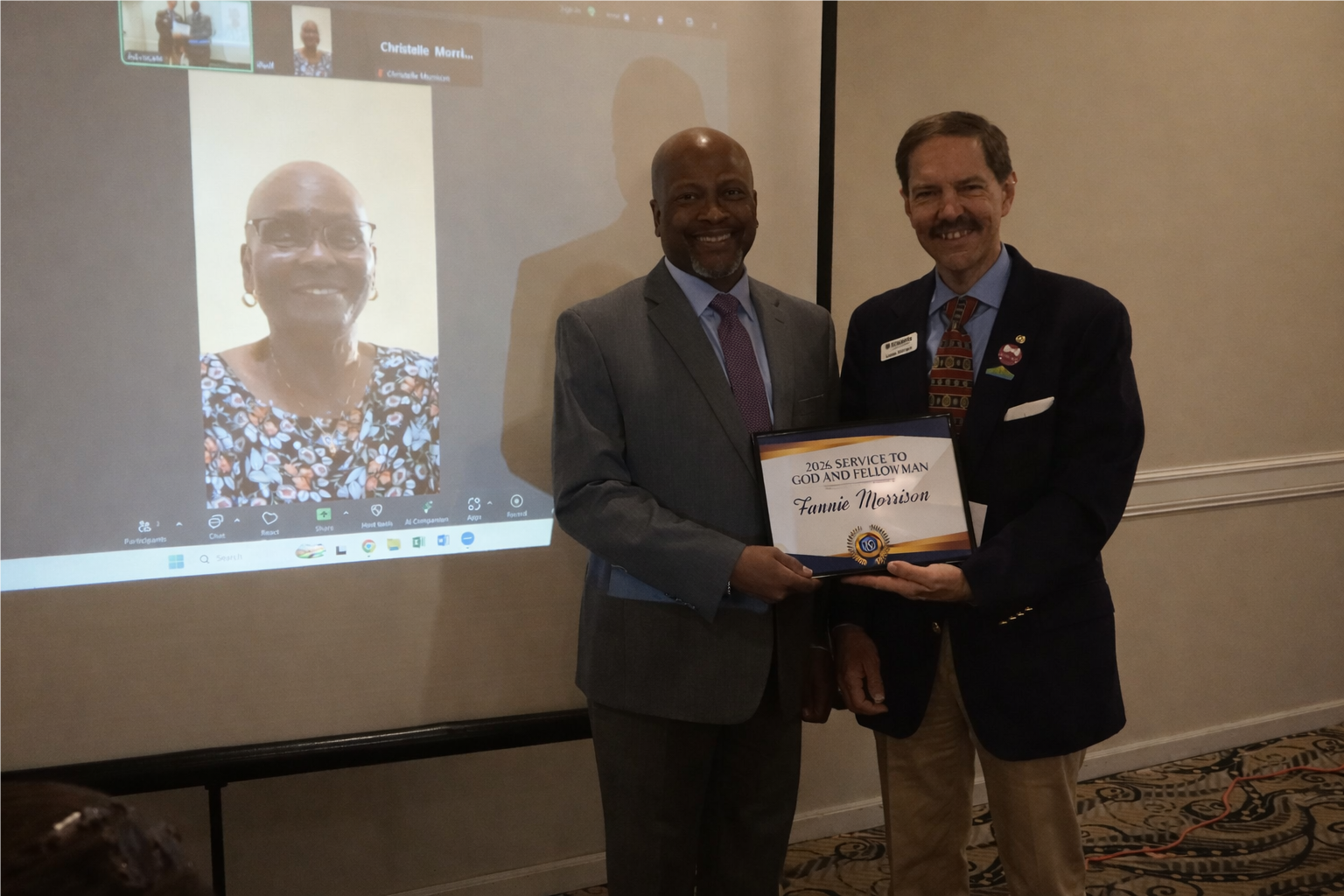 "God & Fellow Man" 2026 recipient Fannie Morrison via video