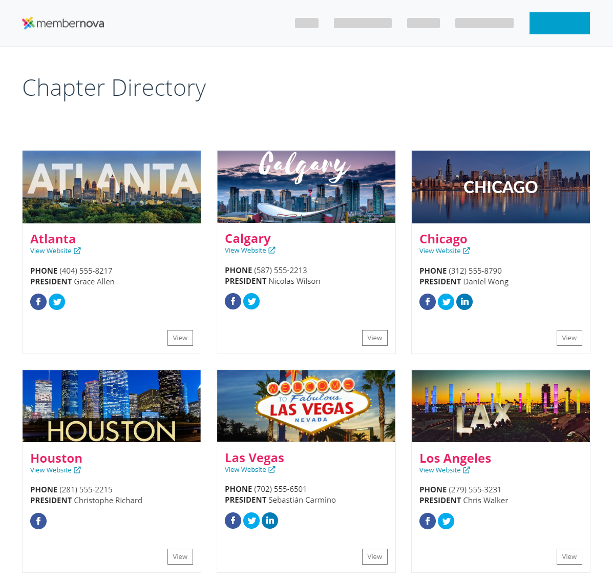 Screenshot of a membership management chapter directory page.