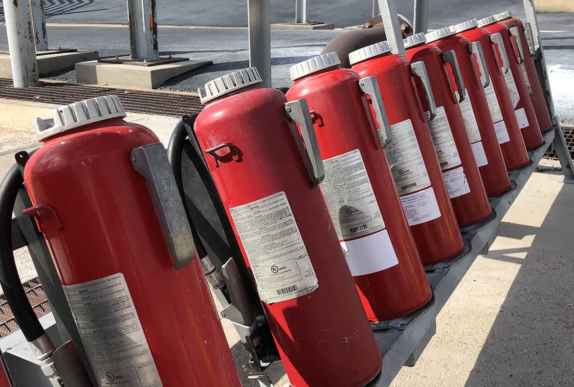 Line of fire extinguishers