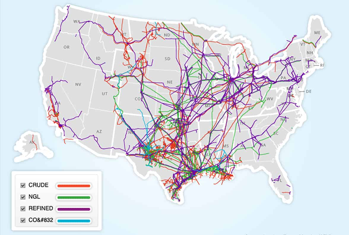 Map of pipeline routes in the United States.