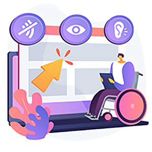 Person in a wheelchair with a laptop in the background icon