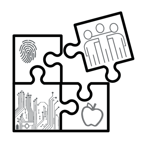 Puzzle pieces showing people, circuits, and indicators of identity