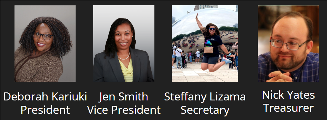 Photos of Leadership Team January 2023, including Deborah Kariuki, president, Jen Smith, vice president, Steffany Lizama, secretary, and Nick Yates, treasurer