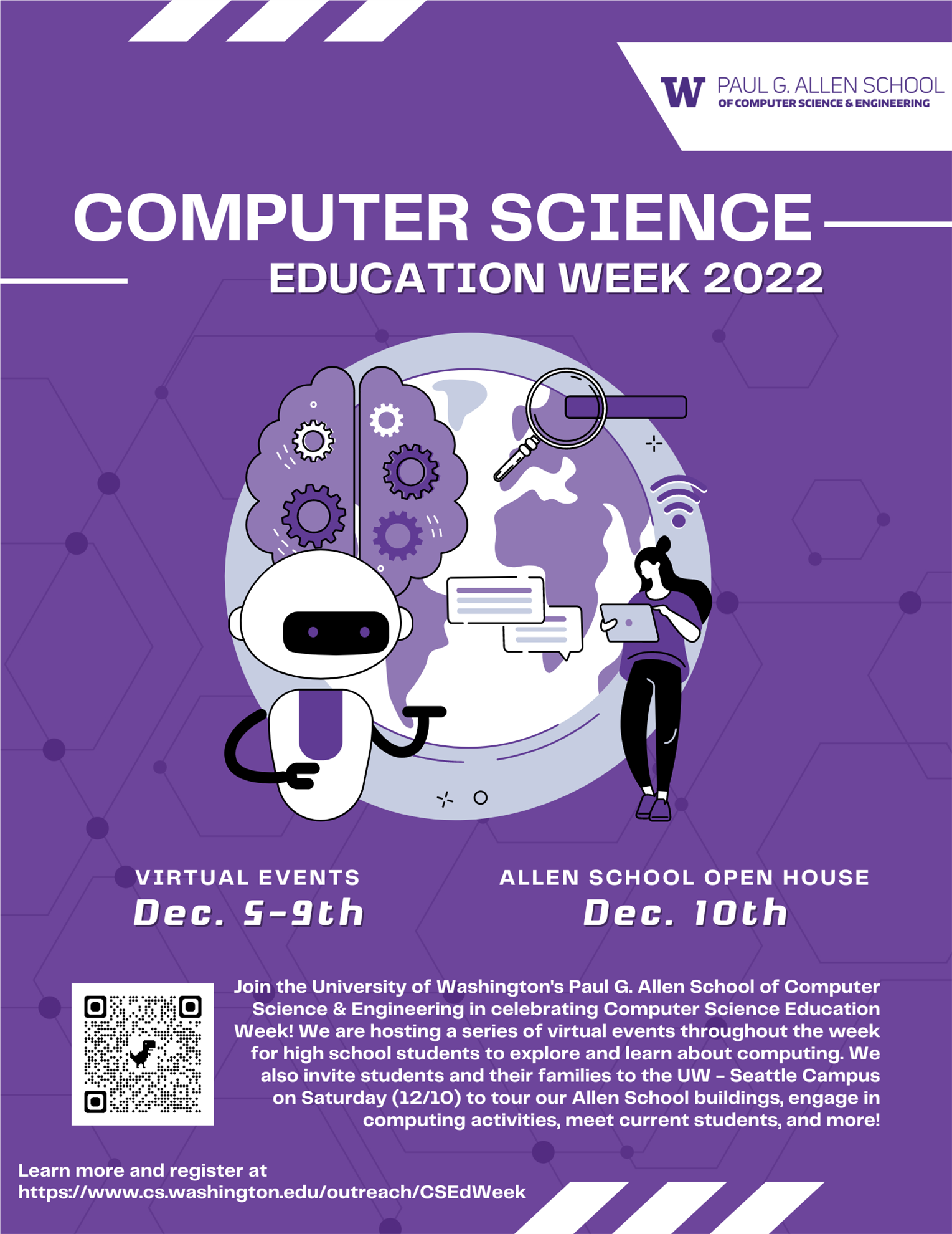 Computer science education week white on purple logo displays a brain, robot and other things that use compuing