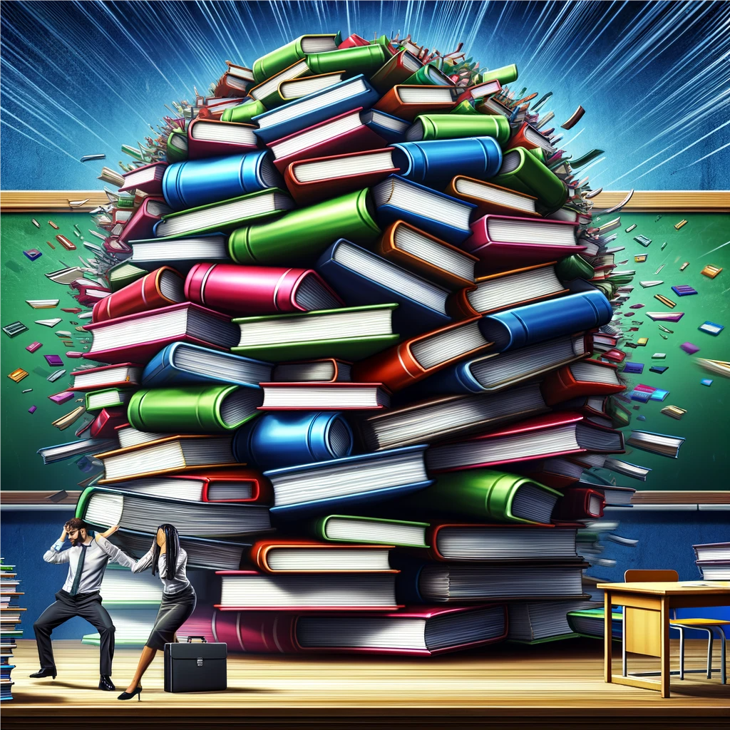 Struggling teacher in front of a growing pile of books